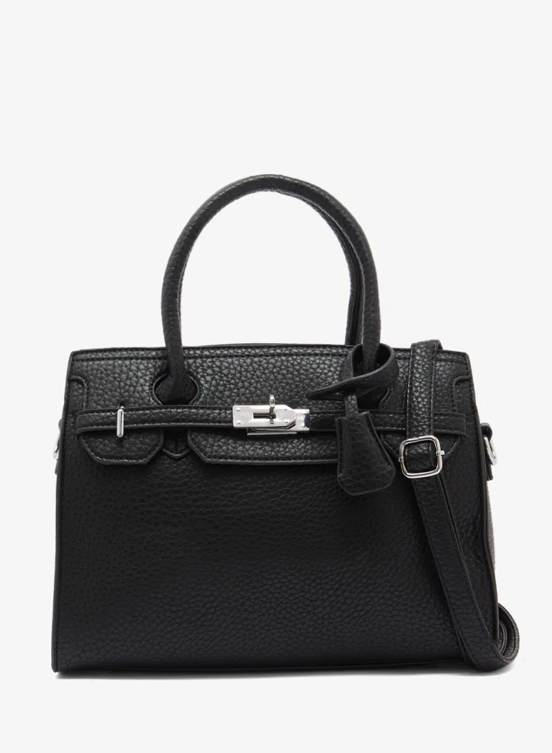 Khizana Textured Satchel With Top Handle And Strap With Buckle Detail